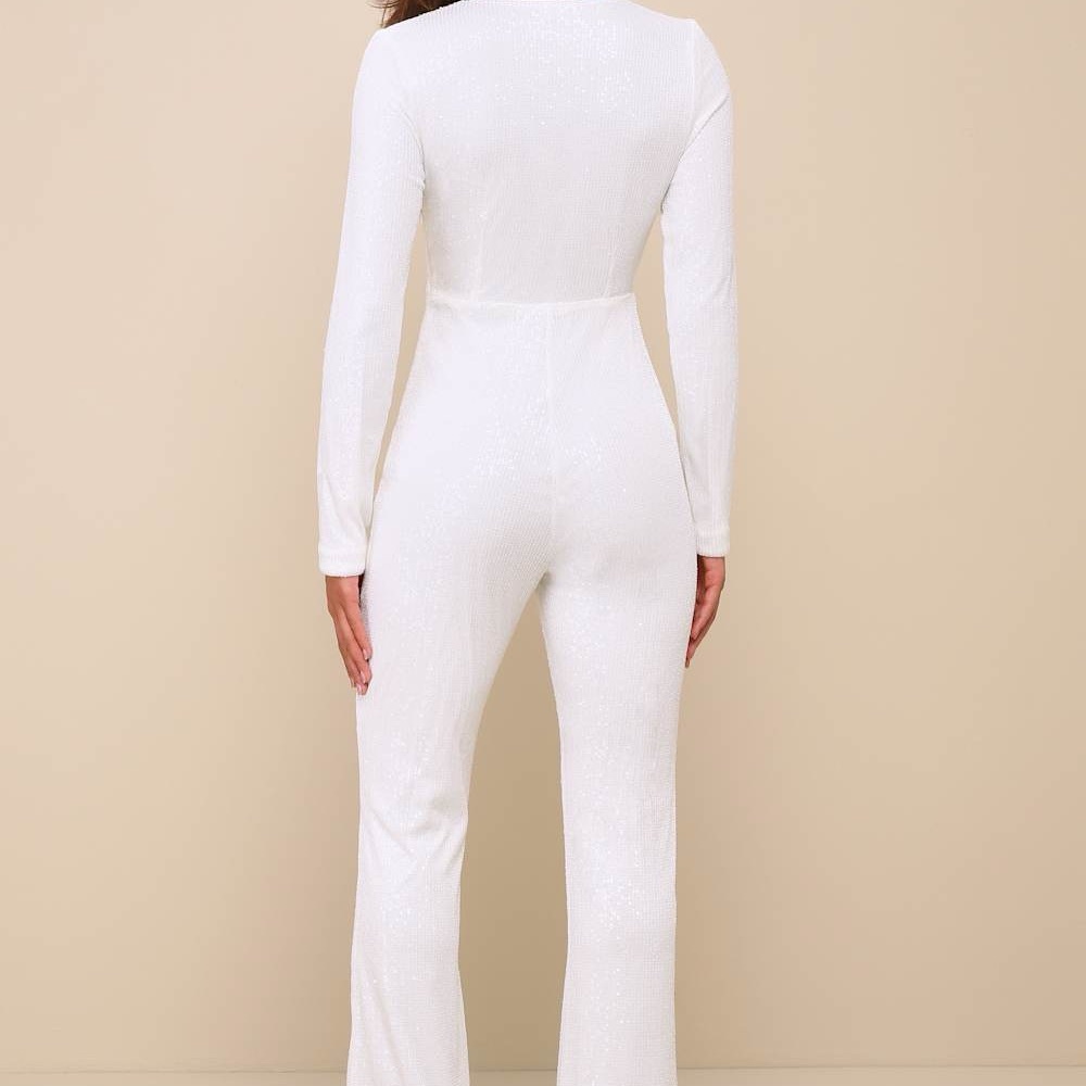 Lulu's White V-Neck Jumpsuit with Flared Legs size S sequent - Picture 3 of 10